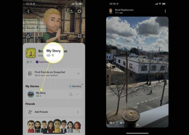 Snapchat iOS-app met My Story gemarkeerd en Bounce-video getoond