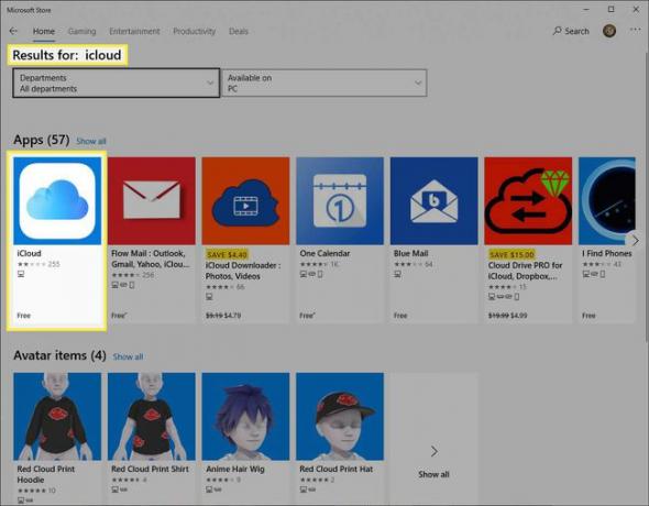 Aplicación iCloud resaltada en Microsoft Store.