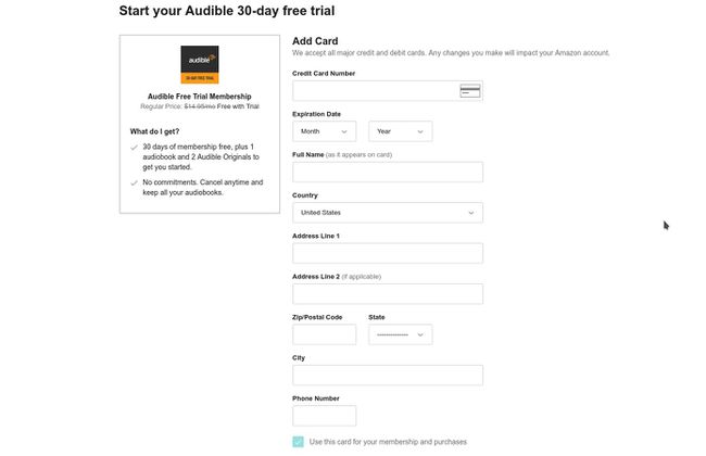 Dodaj metodę płatności do swojego konta Amazon, aby rozpocząć korzystanie z Audible.