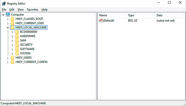 Windows 10'da Windows Kayıt Defteri'ndeki HKEY_LOCAL_MACHINE kovanının ekran görüntüsü