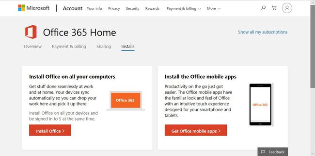 Office 365 kodukonto leht, mis näitab Office 365 installimise linke