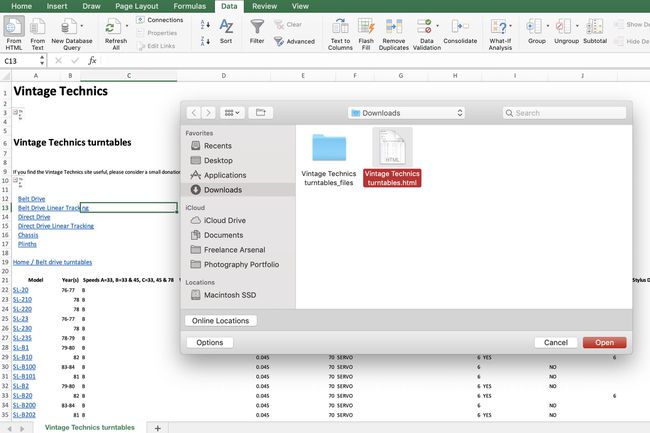 Screenshot von Excel auf dem Mac mit der Importfunktion von HTML