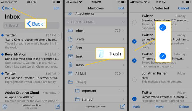 Voltar, Lixeira, Caixas de seleção no iOS Mail