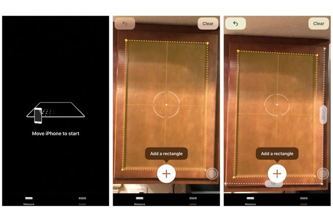 3 snímky obrazovky: Přesunutím iPhone spustíte zprávu; Možnosti počátečního měření; Zobrazené naměřené rozměry kuchyňské skříňky