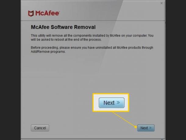 Botón Siguiente en la ventana Eliminación de software de McAfee