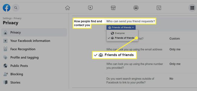 Ustawienie znajomych znajomych wyróżnione w sekcji Prywatność witryny Facebooka.