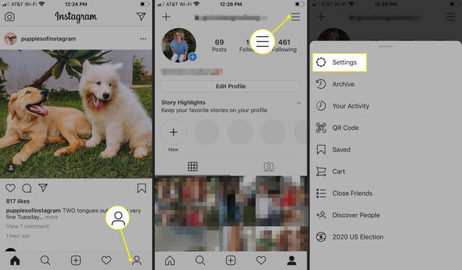 Instagram-profil, konto og innstillingsmenyer på iOS-appen