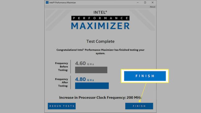 Fine evidenziato nella schermata di riepilogo di Intel Performance Maximizer