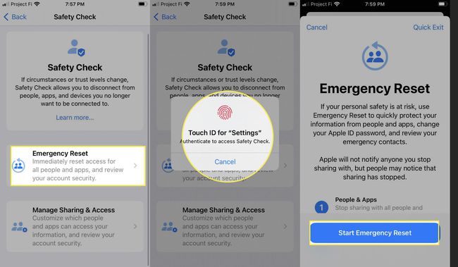 緊急リセット、Touch ID確認、緊急リセットの開始が強調表示されたiPhoneの安全性チェック機能