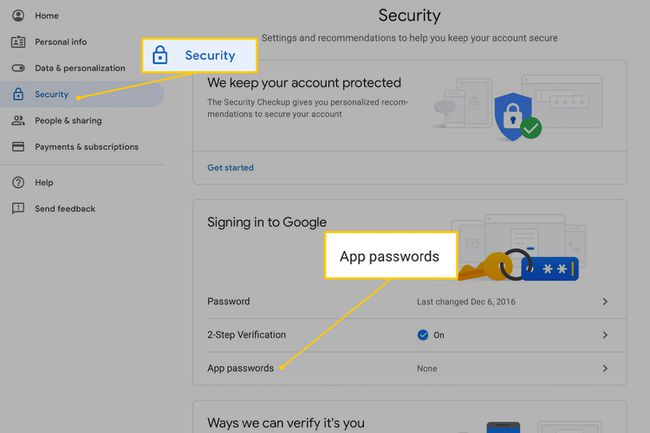 Guia Segurança e link para senhas de aplicativos na página Segurança da conta do Google
