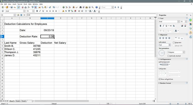 De cel C6 is geselecteerd in OpenOffice Calc.