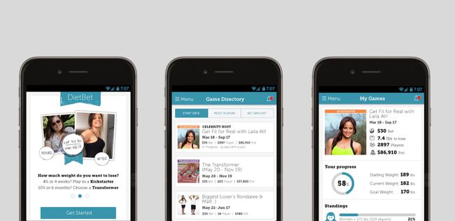 Drei Screenshots der DietBet-App.