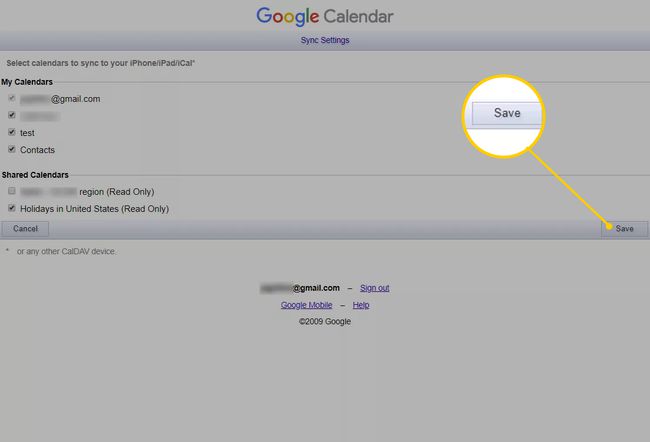 Botão Salvar nas configurações do Google Calendar Sync