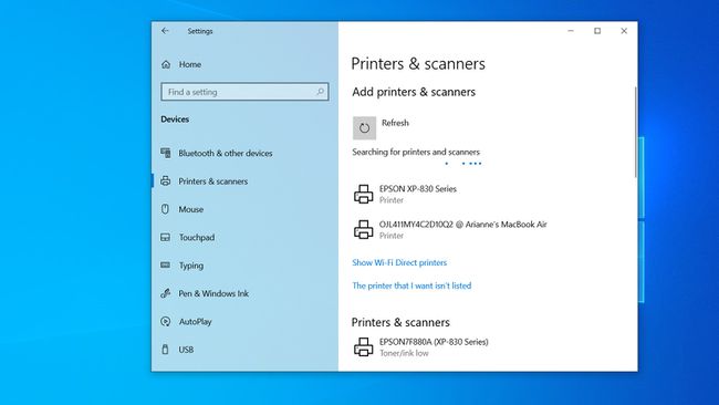 Aken Printerid ja skannerid, kui Windows otsib printereid