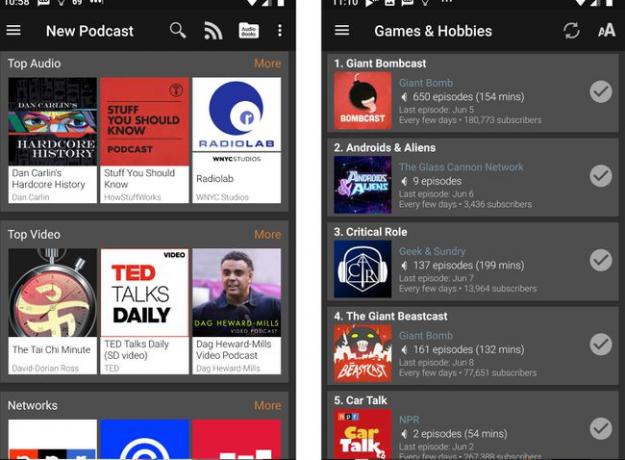 Στιγμιότυπα οθόνης Android της εφαρμογής Podcast Addict που εμφανίζουν λίστα με podcast