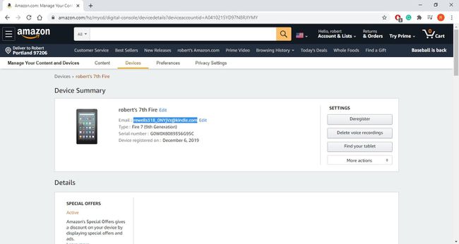Alamat email Kindle Fire terdaftar di halaman Kelola Perangkat Amazon.