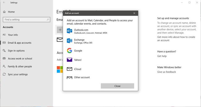 Una captura de pantalla del cuadro de diálogo Agregar una cuenta de Windows 10