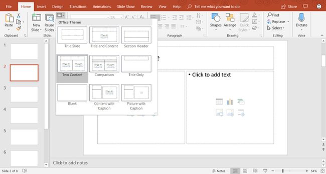 Captura de pantalla que muestra cómo cambiar el diseño de una diapositiva en PowerPoint