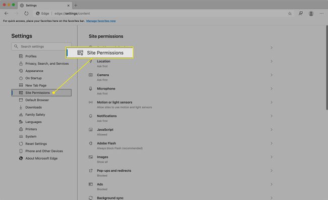 El encabezado Permisos del sitio en Microsoft Edge