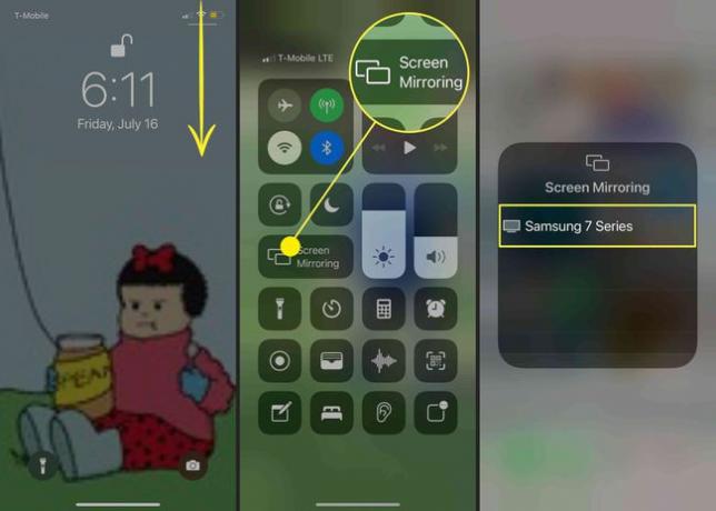 화면 미러링과 삼성 TV가 강조 표시된 아래로 스와이프 동작을 보여주는 iPhone