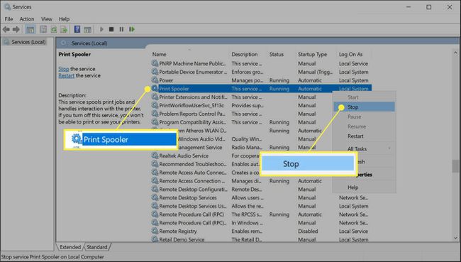 Print Spooler Service i Windows 10 med Print Spooler och Stop markerade