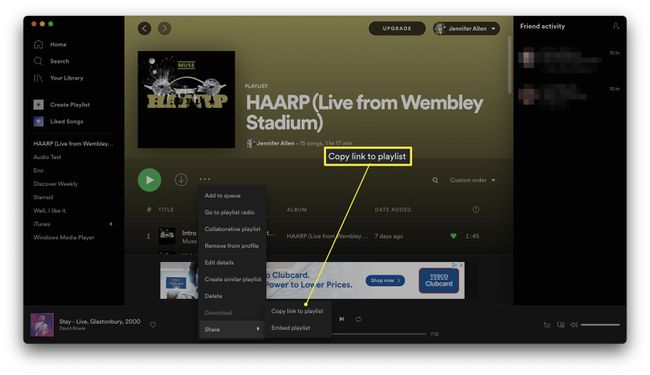 プレイリストへのコピーリンクが強調表示されたSpotifyプレイリスト 