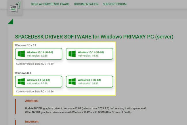 Spacedesk-webstedet med Windows-installationsprogrammer fremhævet.