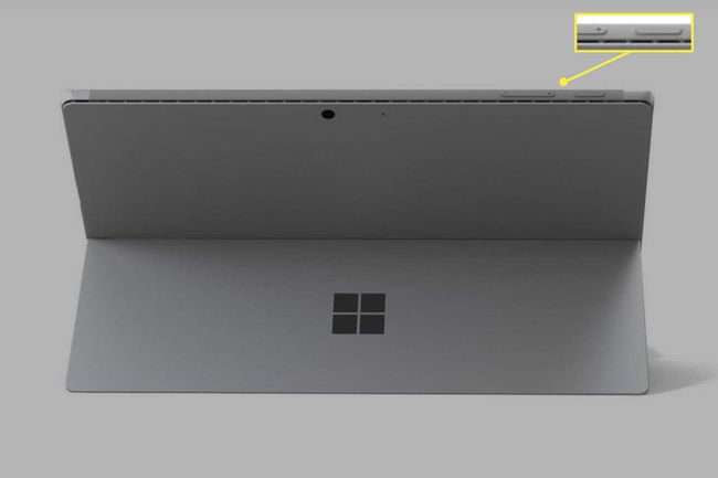 Un Microsoft Surface Pro mostrato dal retro con i pulsanti Accensione e Volume su visibili.