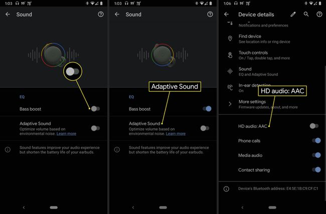 베이스 부스트 토글, 적응형 사운드 및 HD 오디오: Pixel Buds 설정에서 강조 표시된 ACC 토글