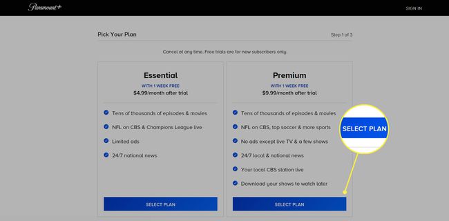 หน้า Paramount+ Pick Your Plan โดยเน้นที่ 'Select Plan' ภายใต้ Premium Plan