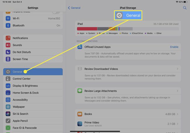 iPadOSの[設定]で強調表示されている[一般]設定ペイン。