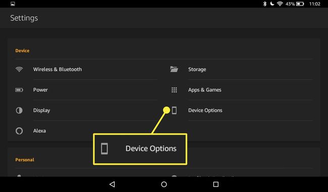 Kindle Fire beállításai az Eszközbeállítások kiemelten.