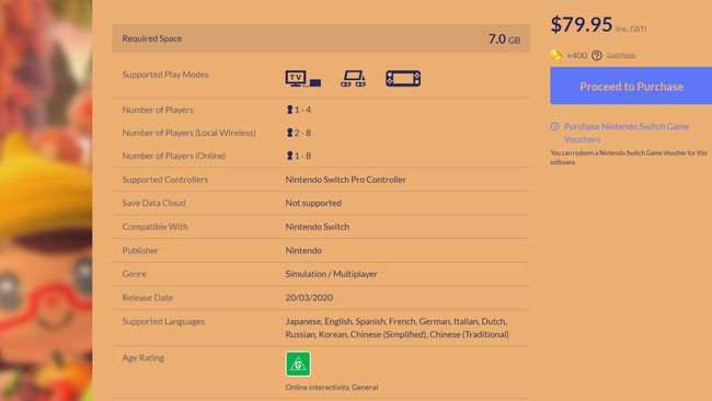 Στιγμιότυπο οθόνης της επίσημης λίστας της Nintendo για το βιντεοπαιχνίδι Animal Crossing New Horizons.