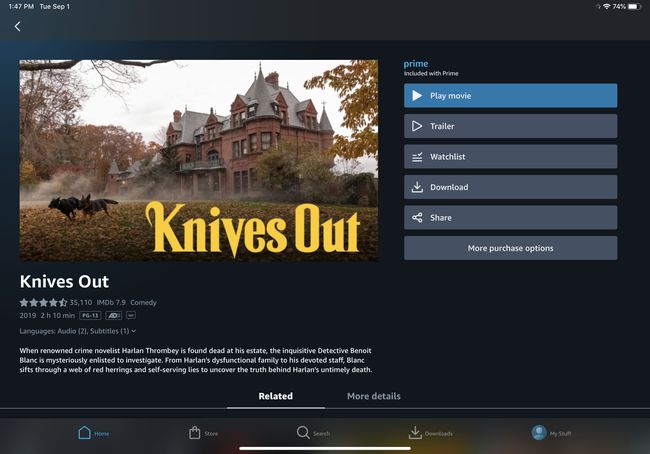 「KnivesOut」のAmazonプライムビデオエントリ。