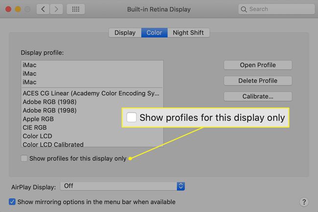 Mac पर प्रदर्शन प्राथमिकताओं का रंग टैब