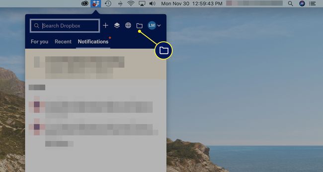 Избрана папка на екрана на Dropbox
