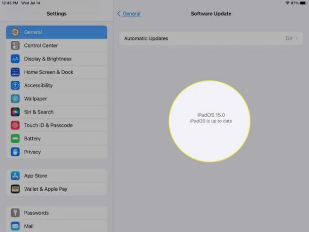 iPadOS 15 설치가 강조 표시된 iPad 소프트웨어 업데이트 설정