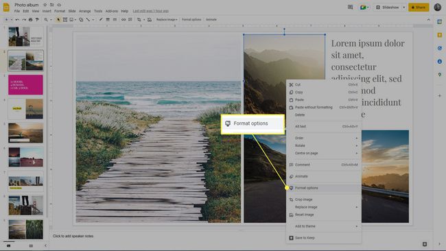 Acessando as opções de formatação de uma imagem no Apresentações Google.
