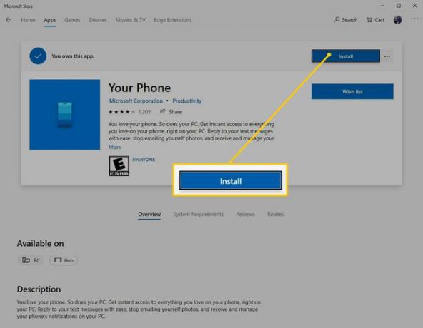 Schaltfläche " Installieren" für die App " Ihr Telefon" unter Windows