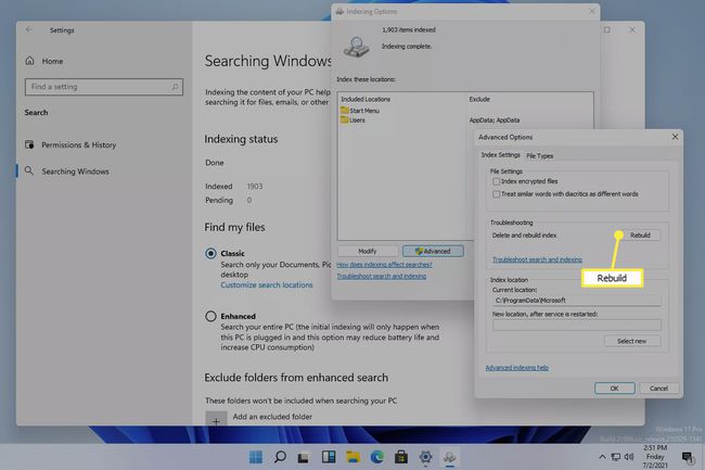 ინდექსირება და გაფართოებული პარამეტრები Windows 11-ში