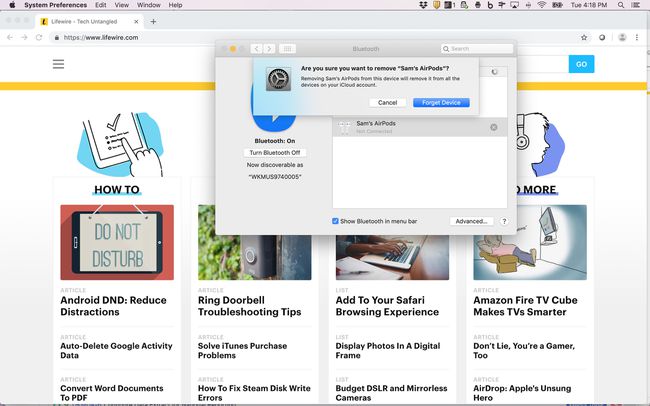 MacのBluetooth設定からAirPodsを削除するスクリーンショット