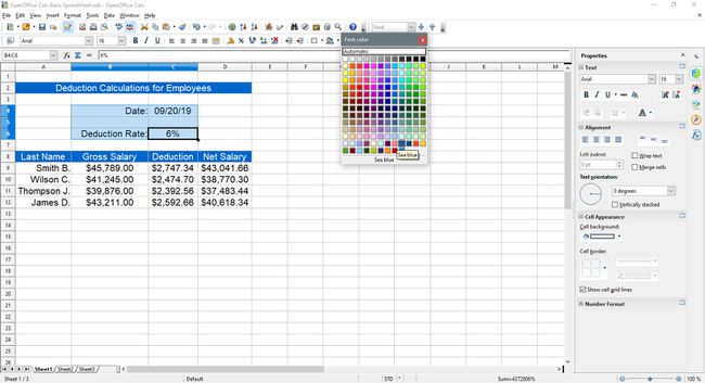 Hemelsblauw selecteren voor de tekst in OpenOffice Calc.