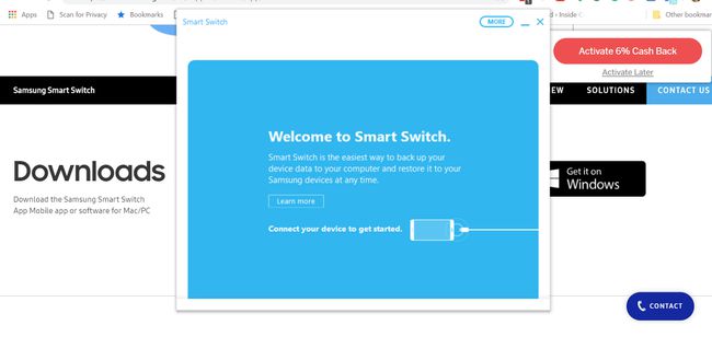 A Samsung Smart Switch üdvözlőképernyője az asztalon