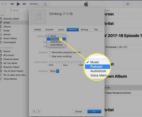 ポッドキャストオプションが強調表示されたiTunesのファイル情報