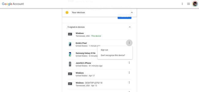 Captura de pantalla para cerrar la sesión de dispositivos de su cuenta de Google