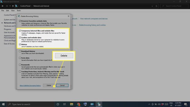Cookies en websitegegevens en tijdelijke internetbestanden in Windows Browsegeschiedenis wissen met Verwijderen gemarkeerd