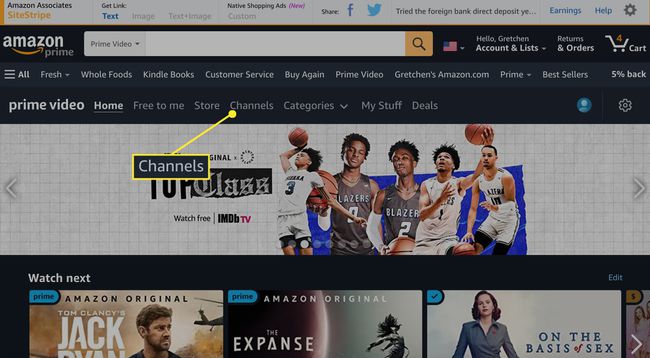 Amazonプライムビデオのチャンネルオプション。