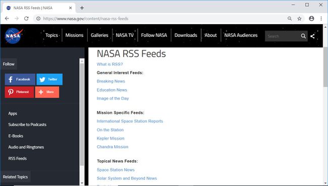 Strona internetowa kanałów RSS NASa.gov z listą kanałów RSS w witrynie