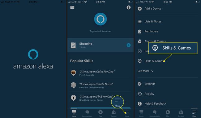 Avage Alexa rakendus ja puudutage valikut Rohkem oskusi ja mänge.