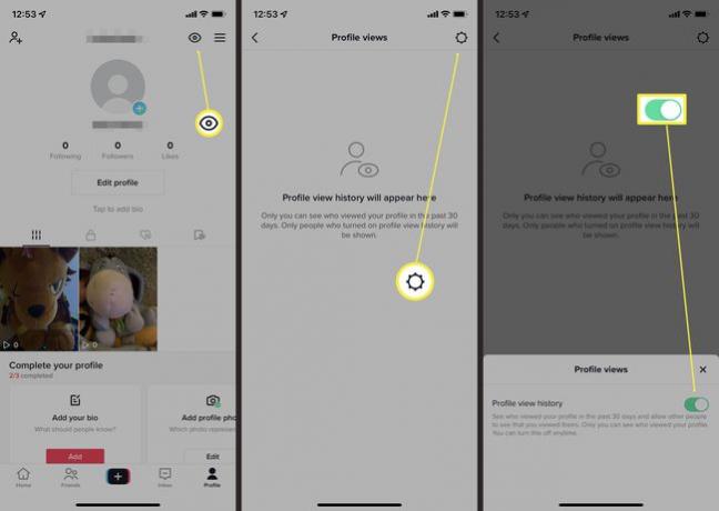 프로필 보기 섹션이 열려 있는 TikTok 앱 비활성화를 위한 토글이 강조 표시되었습니다.